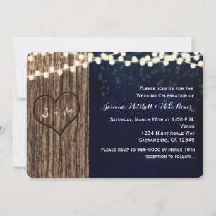 Rustic Tree Carved Heart Night Wedding  Invitation