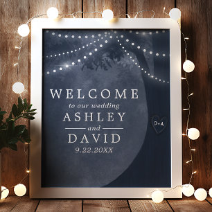Rustic Tree Carved Initials String Lights Wedding Poster