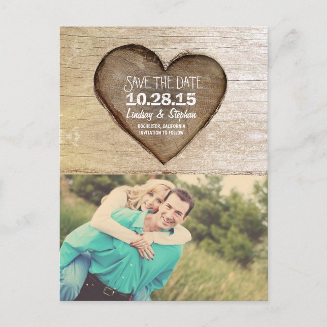 Rustic tree carved wood heart photo save the date announcement postcard (Front)