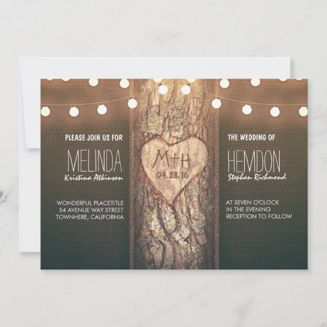 rustic tree heart and string lights wedding invite (Front)