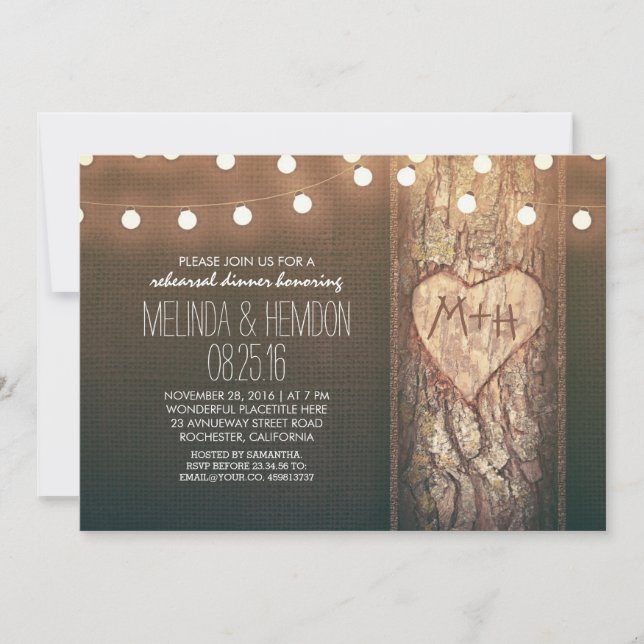 rustic tree heart & string lights rehearsal dinner invitation (Front)