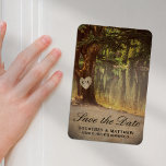 Rustic Tree Lake Save the Date Magnet<br><div class="desc">Elegant outdoor wedding save the date magnets featuring a romantic lake in a woodland setting,  an old rustic tree with a carved heart and your initials inside,  and a editable text template.</div>