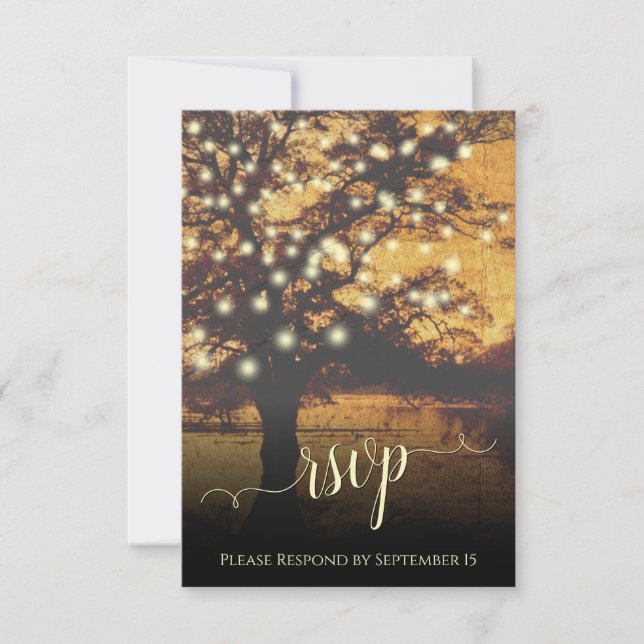 Rustic Tree & Lights Autumn Evening Wedding RSVP Card (Front)