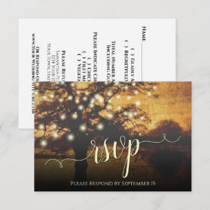Rustic Tree & Lights Golden Faux Parchment Wedding RSVP Card