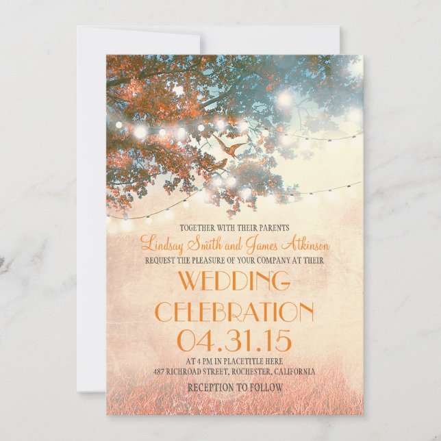 rustic tree & love birds string lights wedding invitation (Front)