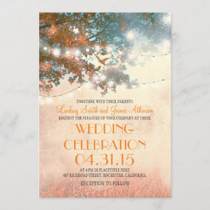 rustic tree & love birds string lights wedding invitation