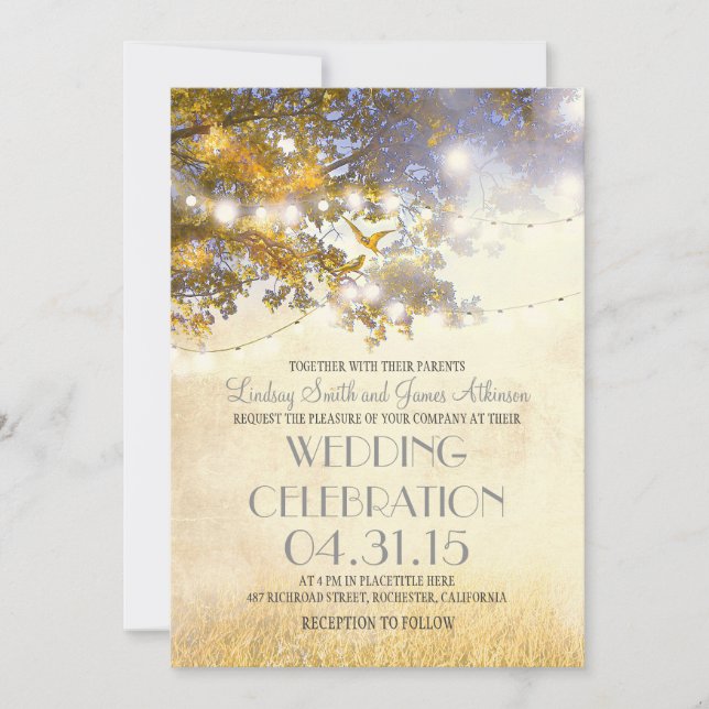 rustic tree & love birds string lights wedding invitation (Front)