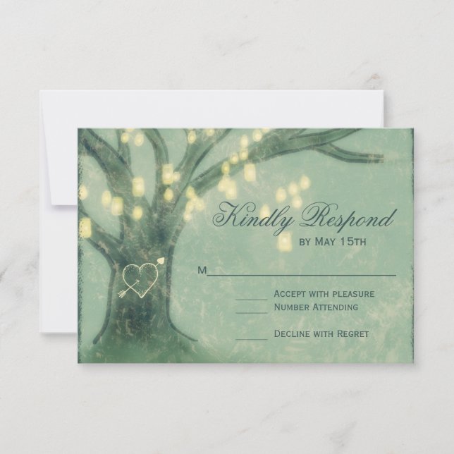 Rustic Tree Mason Jar Lights Wedding RSVP Card (Front)