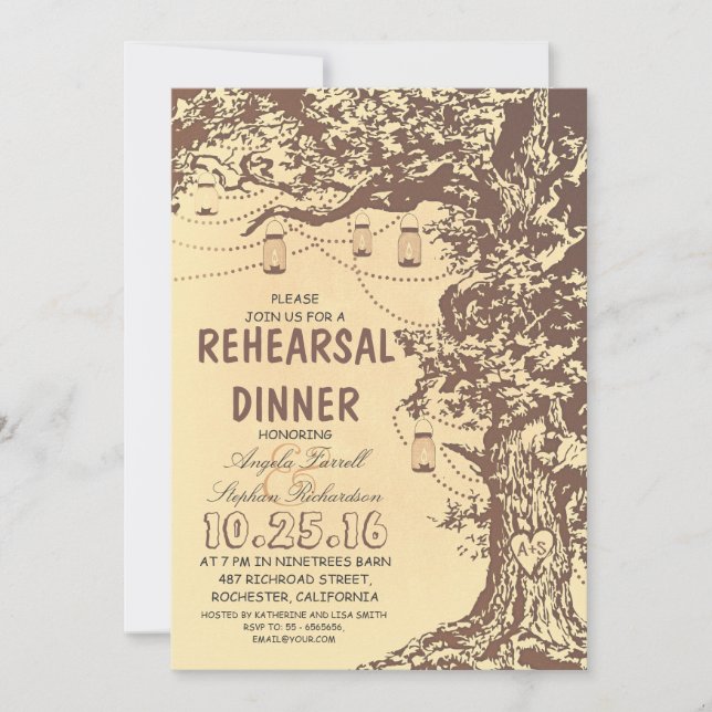 Rustic tree & mason jars rehearsal dinner invitation (Front)