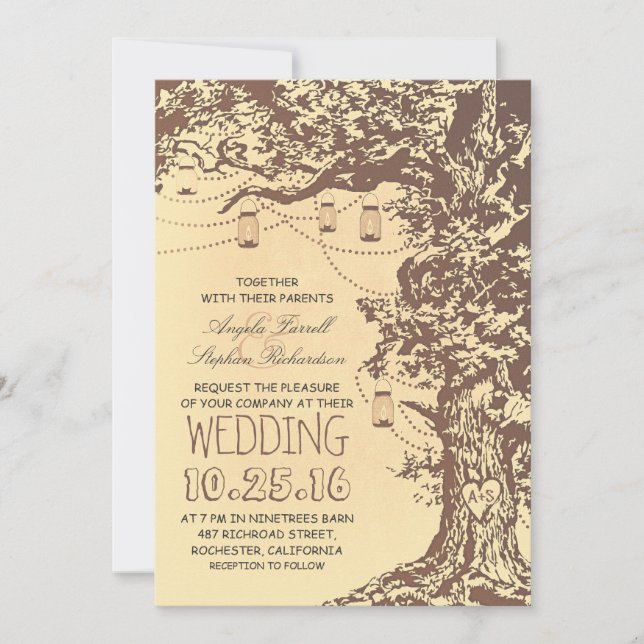 Rustic tree & mason jars wedding invitations (Front)