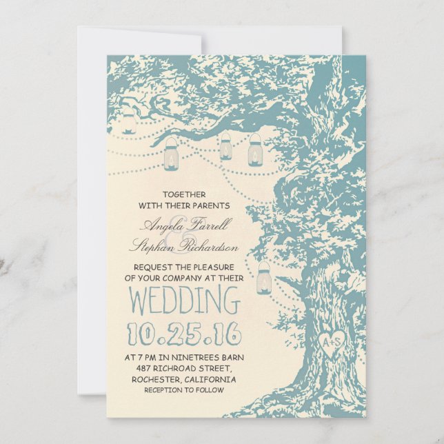 Rustic tree & mason jars wedding invitations (Front)