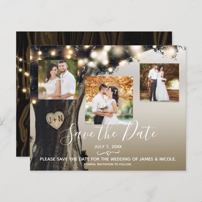 Rustic Tree & String Lights Photo Save the Date (Front/Back)