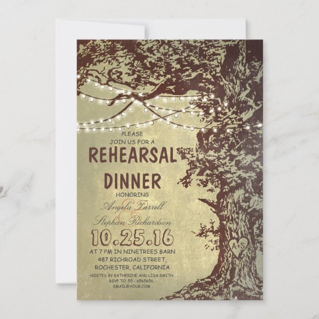 Rustic tree string lights rehearsal dinner invitation (Front)
