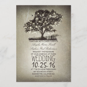 Rustic tree & string lights wedding invitations