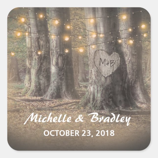 Rustic Tree & String Lights Wedding Monogram Square Sticker (Front)