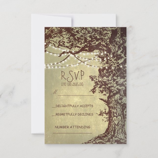 Rustic tree & string lights wedding RSVP (Front)