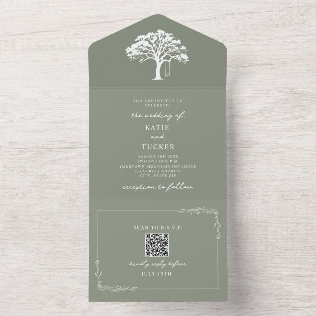 Rustic Tree Swing Wedding Sage Green QR All In One Invitation (Inside)