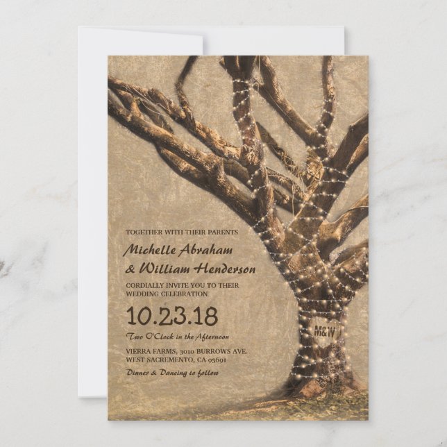 Rustic Tree Wedding with String Lights Invitation (Front)