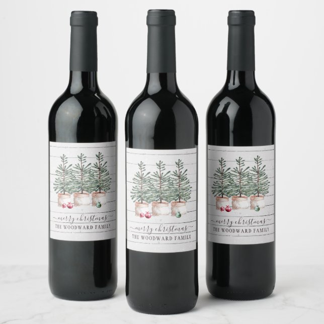 Rustic Trees Christmas Merry Christmas Wine Label (Bottles)