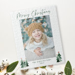 Rustic Trees Minimalist Modern Christmas Photo Jigsaw Puzzle<br><div class="desc">Cute, Modern yet Rustic Christmas Holiday Photo Puzzle featuring adorable little forests of rustic Christmas trees and Merry Christmas in modern typography on a soft modern pastel colour palette of forest and sage green. Add your favourite photos and a custom greeting for the perfect holiday puzzle! Perfect for your minimalist...</div>