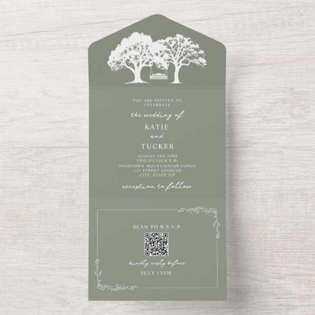 Rustic Trees Swing Wedding Sage Green QR All In One Invitation (Inside)