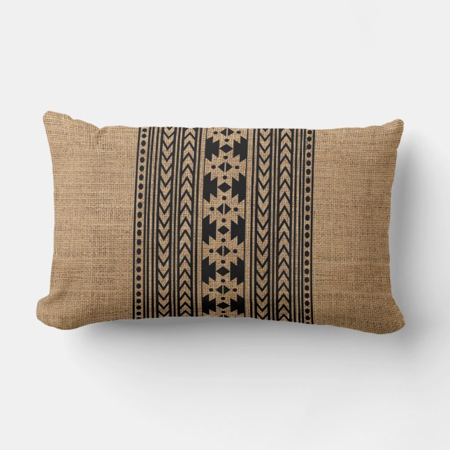 Rustic Tribal Aztec Pattern Farmhouse Burlap Lumbar Pillow (Front)