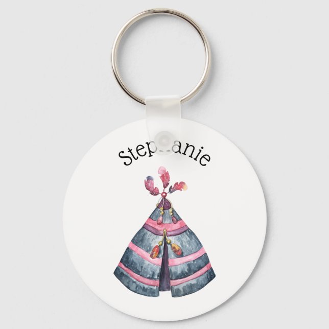 Rustic Tribal Watercolor Wigwam Custom Name Keychain (Front)