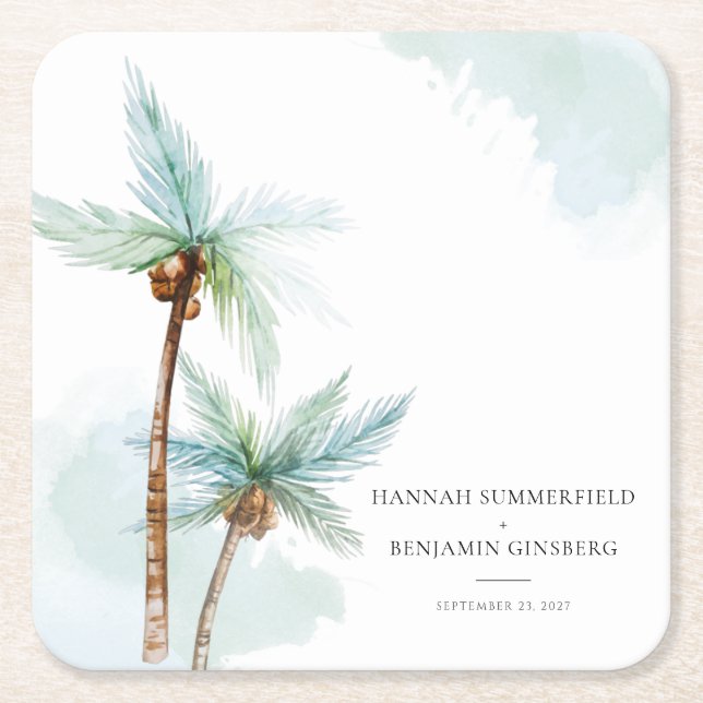 Rustic Tropical Beach Palm Tree Watercolor Wedding Square Paper Coaster (Front)