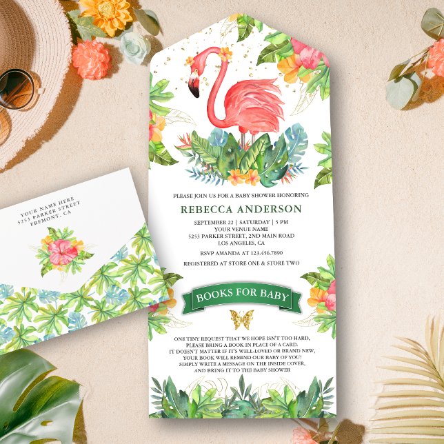 Rustic Tropical Jungle Cute Flamingo Baby Shower All In One Invitation (Creator Uploaded)