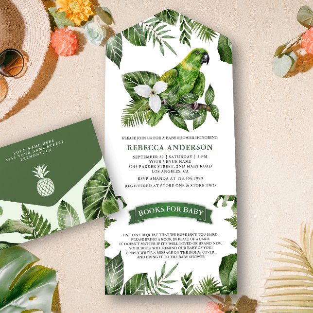 Rustic Tropical Jungle Green Parrot Baby Shower All In One Invitation (Creator Uploaded)