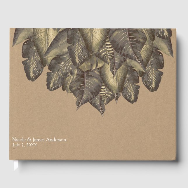 Rustic Tropical Leaves Vintage Botanical Wedding Guest Book (Front)