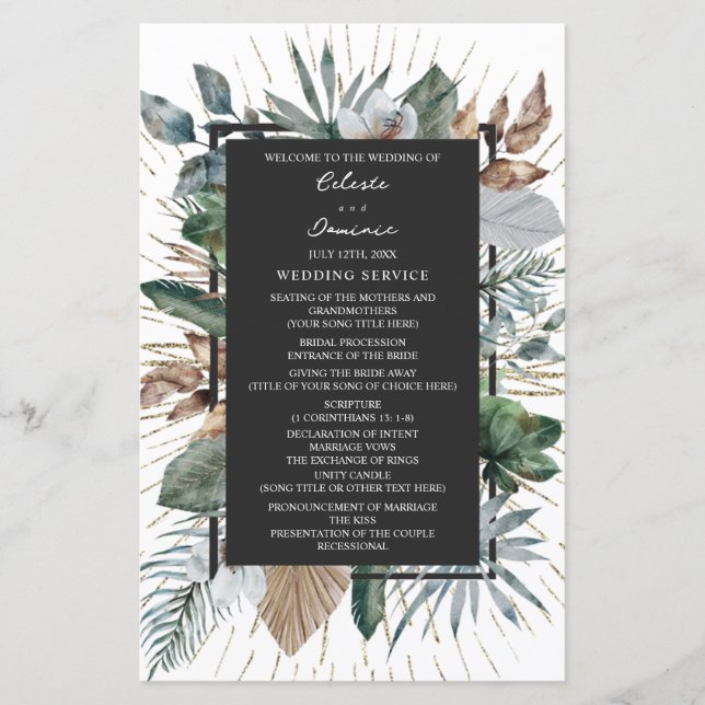 Rustic Tropical Palm Feuille programme de mariage (Devant)