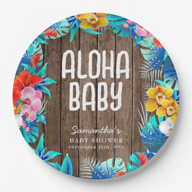 Rustic Tropical Palm Leaves Aloha Baby Shower  Paper Plate (Front)