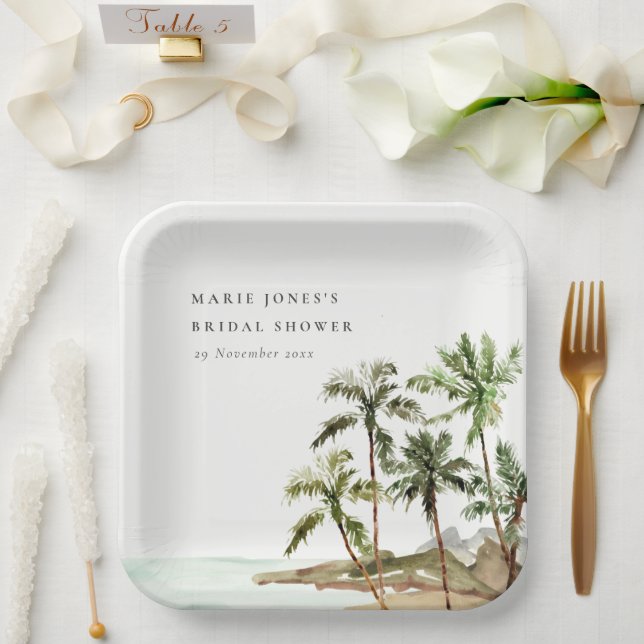 Rustic Tropical Palm Tree Beach Sand Bridal Shower Paper Plate (Wedding)