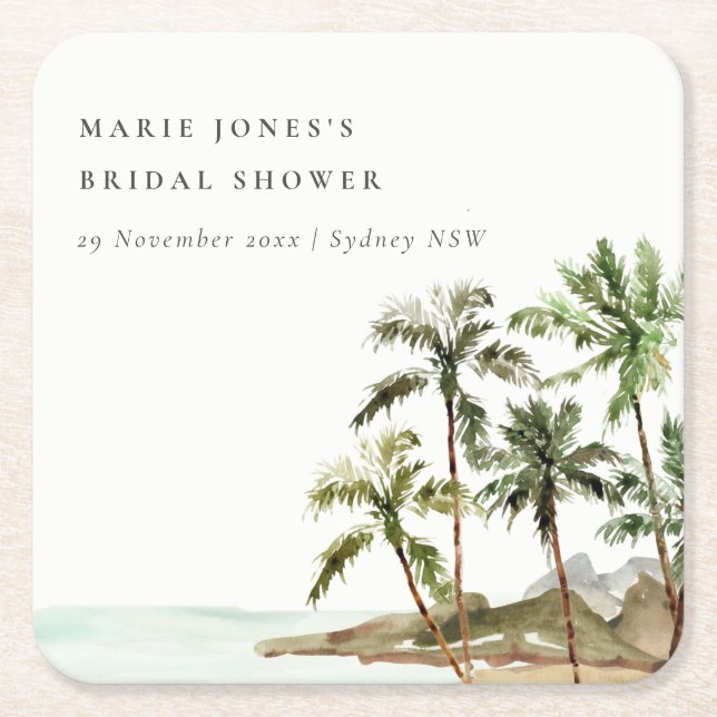 Rustic Tropical Palm Tree Beach Sand Bridal Shower Square Paper Coaster (Front)