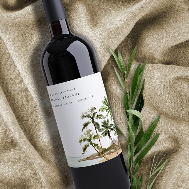 Rustic Tropical Palm Tree Beach Sand Bridal Shower Wine Label (Creator Uploaded)