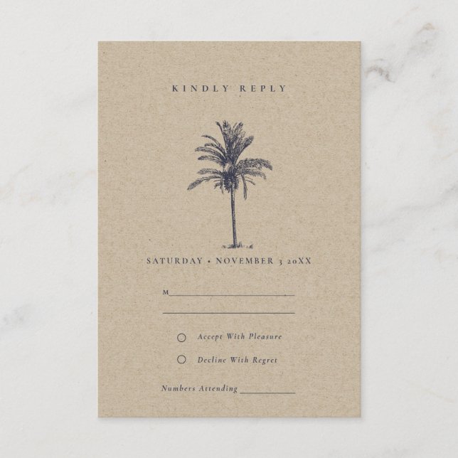 Rustic Tropical Palm Tree Navy Kraft Wedding RSVP Enclosure Card (Front)