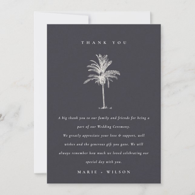 Rustic Tropical Palm Tree Navy Kraft Wedding Thank You Card (Front)