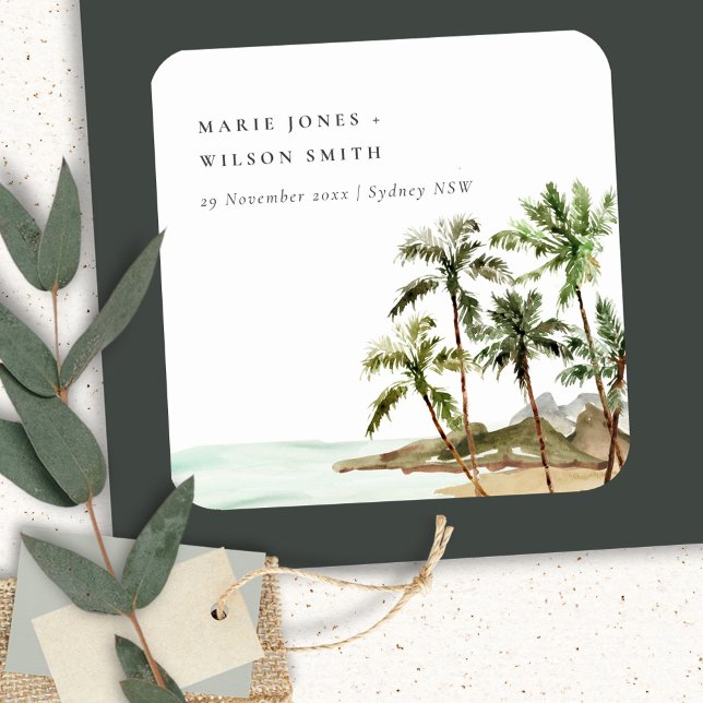 Rustic Tropical Palm Trees Beach Sand Wedding Square Paper Coaster (Creator Uploaded)