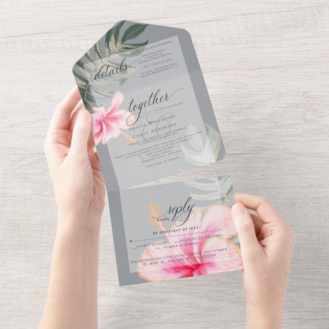 Rustic Tropical Pink Hibiscus Floral Wedding All In One Invitation (Tearaway)