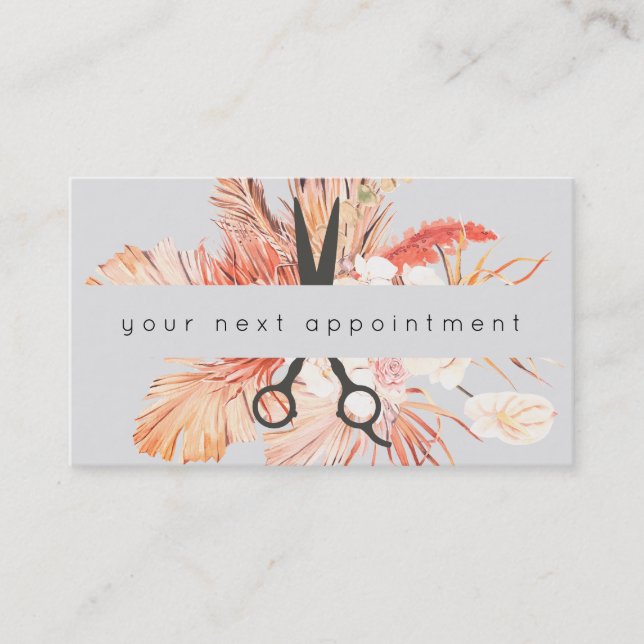 Rustic Tropical Salon Scissors Logo Appointment Business Card (Front)