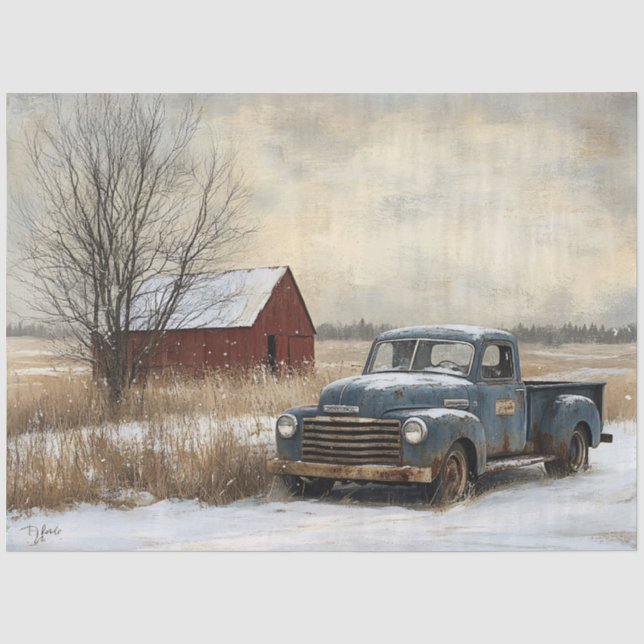 Rustic Truck and Barn Winter Landscape Decoupage Tissue Paper (Front)