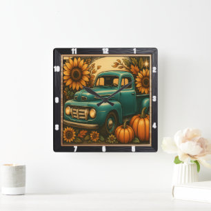 Rustic Truck Fall Harvest Square Wall Clock
