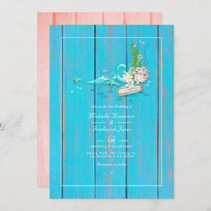 Rustic Turquoise and Coral Beach QR Code Wedding Invitation