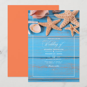 Rustic Turquoise and Coral Beach Wedding Invitation