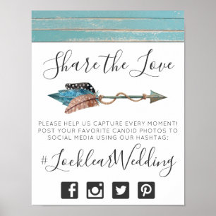 Rustic Turquoise Arrow Wedding Hashtag Photo Sign