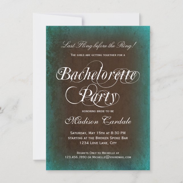 Rustic Turquoise Bachelorette Party Invitations (Front)