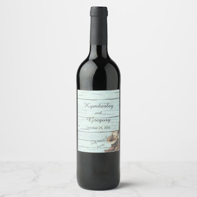 Rustic Turquoise Country Western Boots Hat Wine Label (Front)