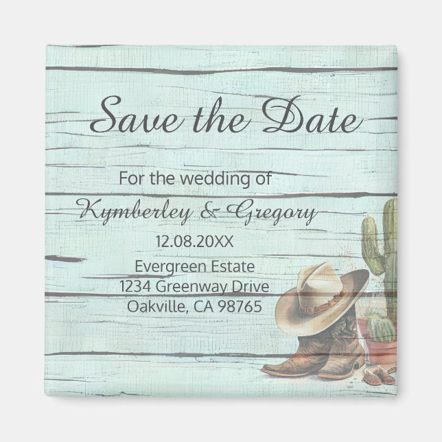 Rustic Turquoise Country Western Save the Date Magnet (Front)