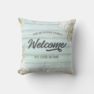 rustic turquoise floral welcome family  throw pill pillow